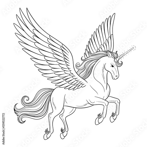 Majestic Winged Unicorn in Flight, Perfect for Coloring Books