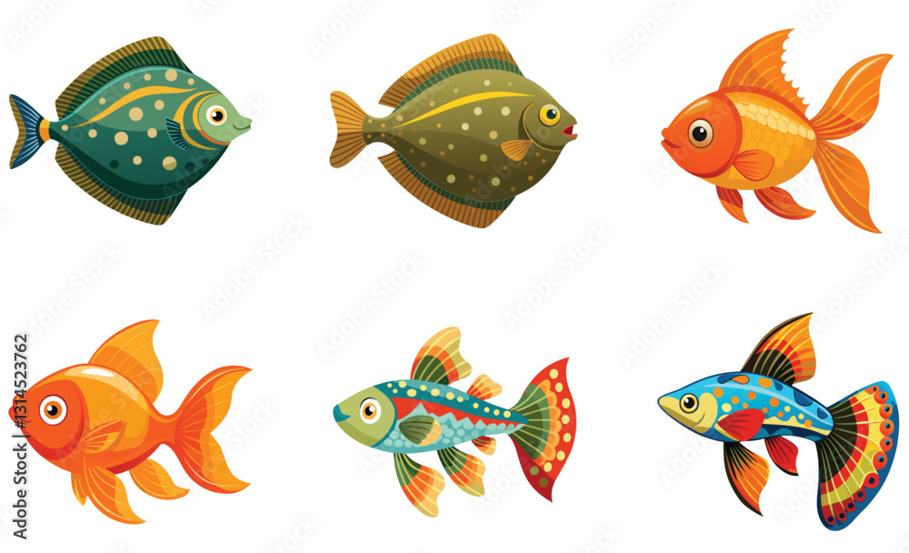 Fototapeta premium A set of six vibrant and stylized cartoon fish illustrations featuring diverse shapes, colors, and patterns.