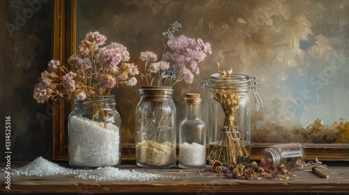 jars of sugar and salt on a wooden shelf, dried flowers nearby