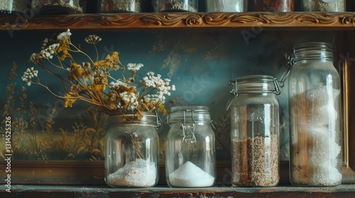 jars of sugar and salt on a wooden shelf, dried flowers nearby