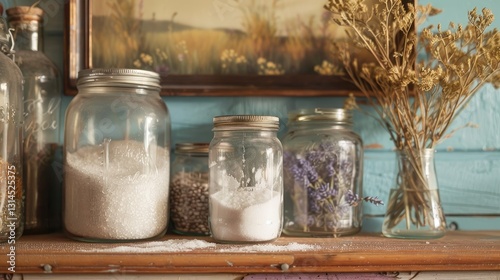 jars of sugar and salt on a wooden shelf, dried flowers nearby