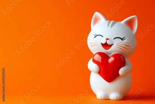Turkish van - my treasured cat. Commercial creative. Cute turkish van kitty with domestic animal toy red heart - sign of love, funny greeting card. Adorable kitten picture. Pet valentine image. photo