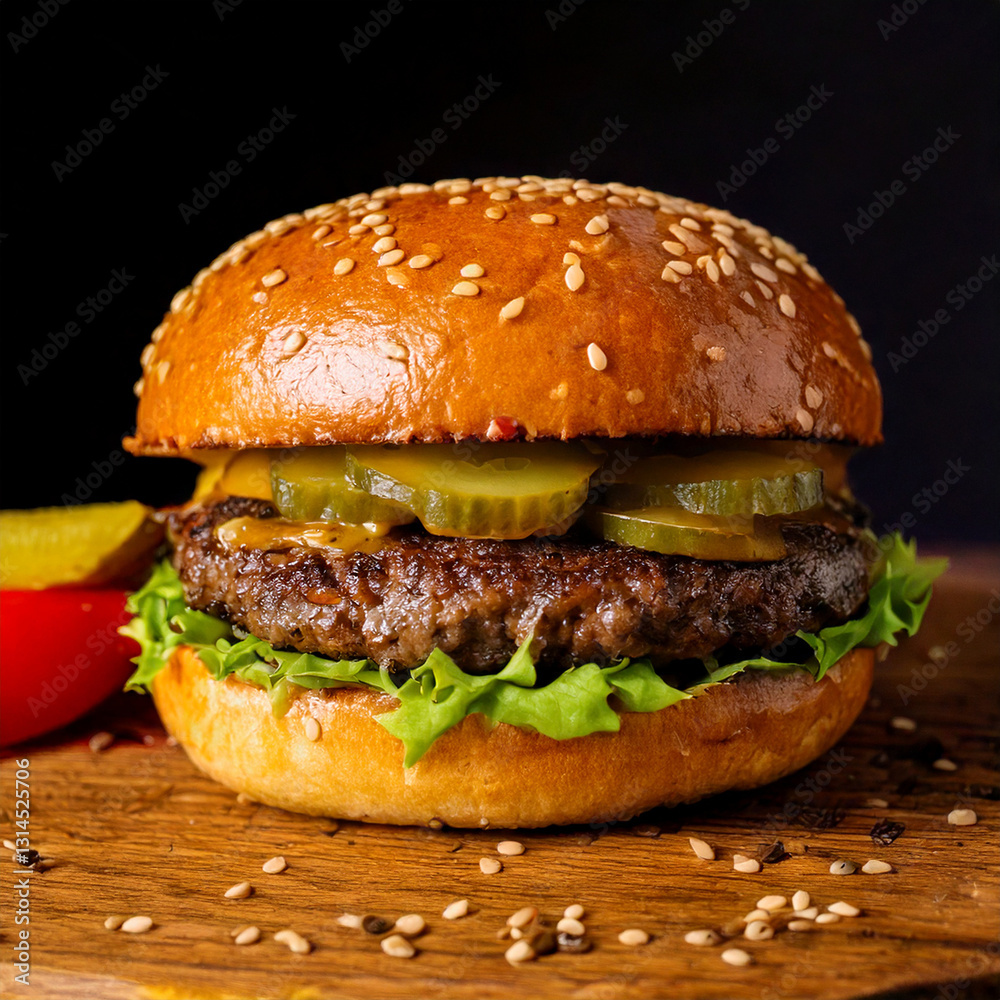 Juicy hamburger on a rustic wooden background fastfood and foodtruck food with good quality