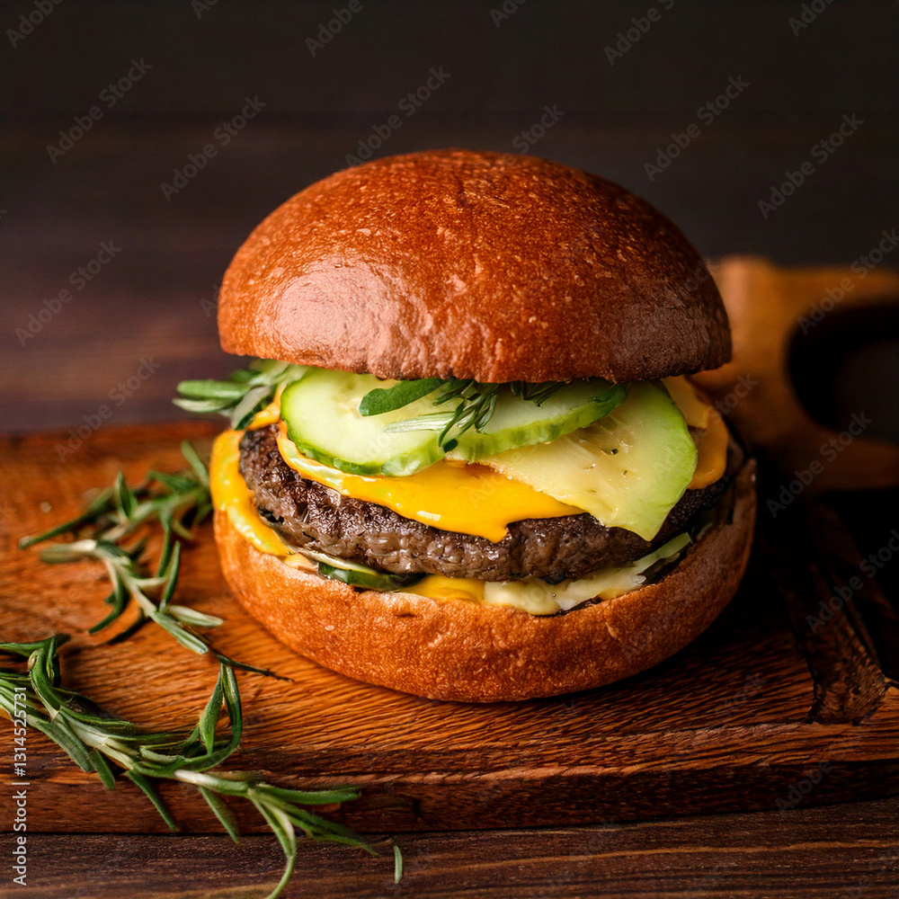 Juicy hamburger on a rustic wooden background fastfood and foodtruck food with good quality
