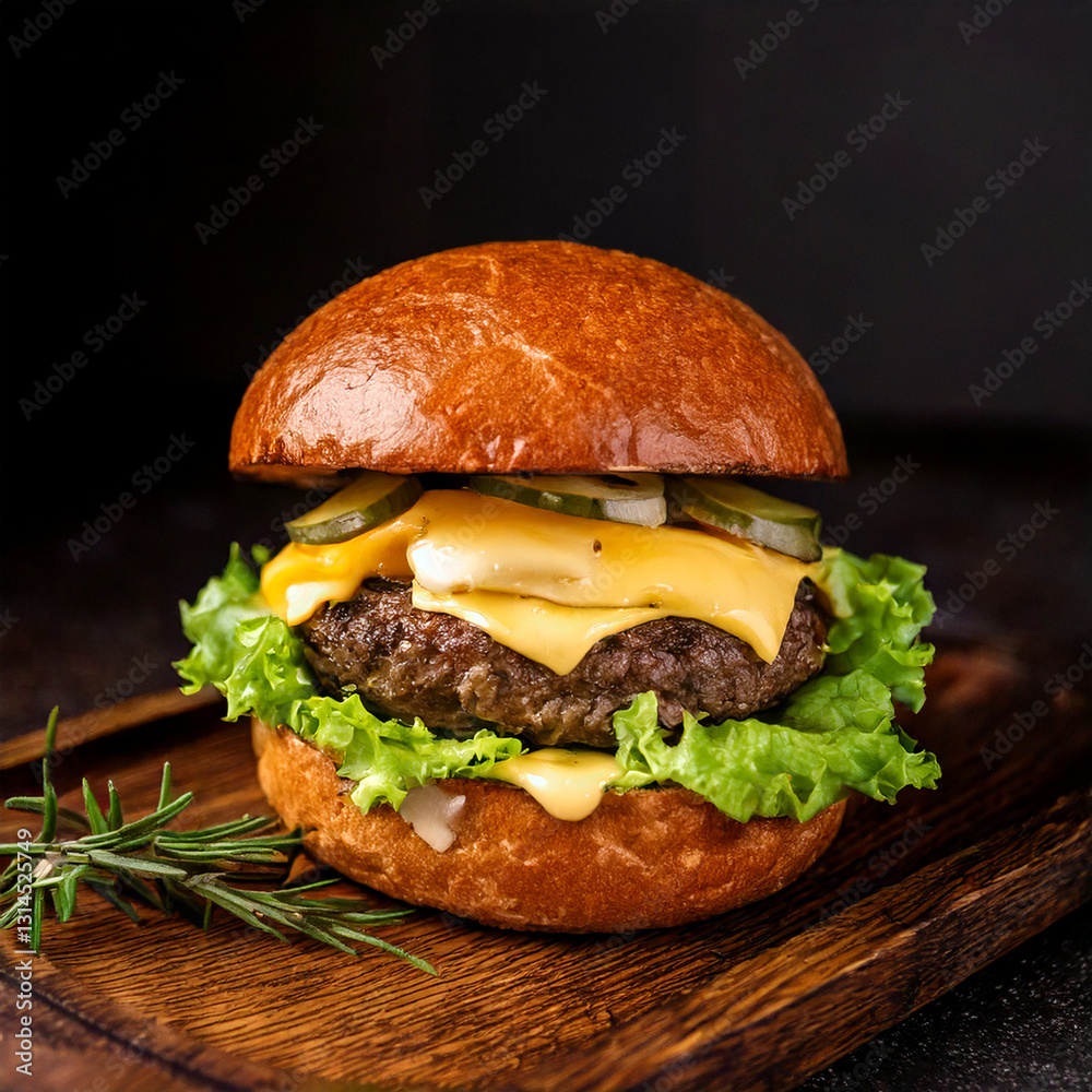 Juicy hamburger on a rustic wooden background fastfood and foodtruck food with good quality