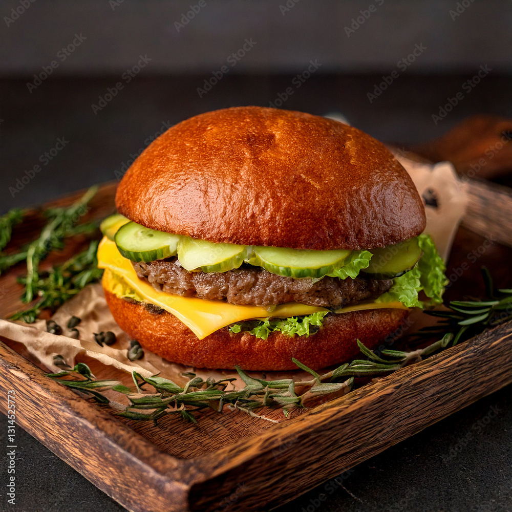 Juicy hamburger on a rustic wooden background fastfood and foodtruck food with good quality