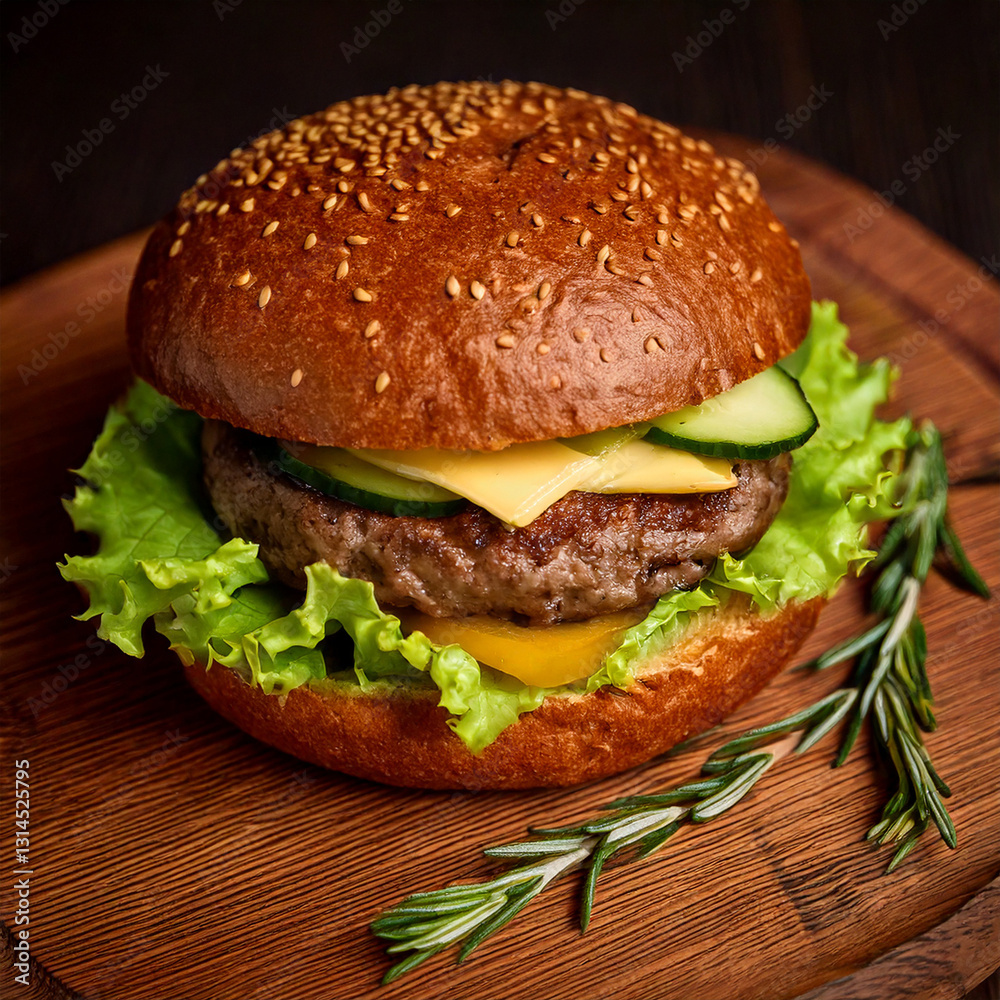 Juicy hamburger on a rustic wooden background fastfood and foodtruck food with good quality