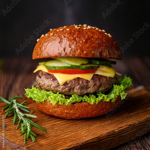 Obraz na płótnie Juicy hamburger on a rustic wooden background fastfood and foodtruck food with good quality w salonie