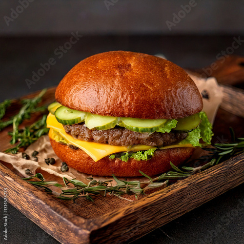 Obraz na płótnie Juicy hamburger on a rustic wooden background fastfood and foodtruck food with good quality w salonie