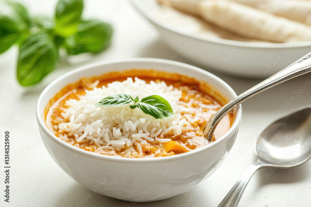 Delicious bowl of curry with white rice garnished with fresh basil leaves, accompanied by silver spoon and plate of flatbreads. Delicious bowl of curry with white rice garnished with fresh basil leaves, accompanied by silver spoon and plate of flatbreads.