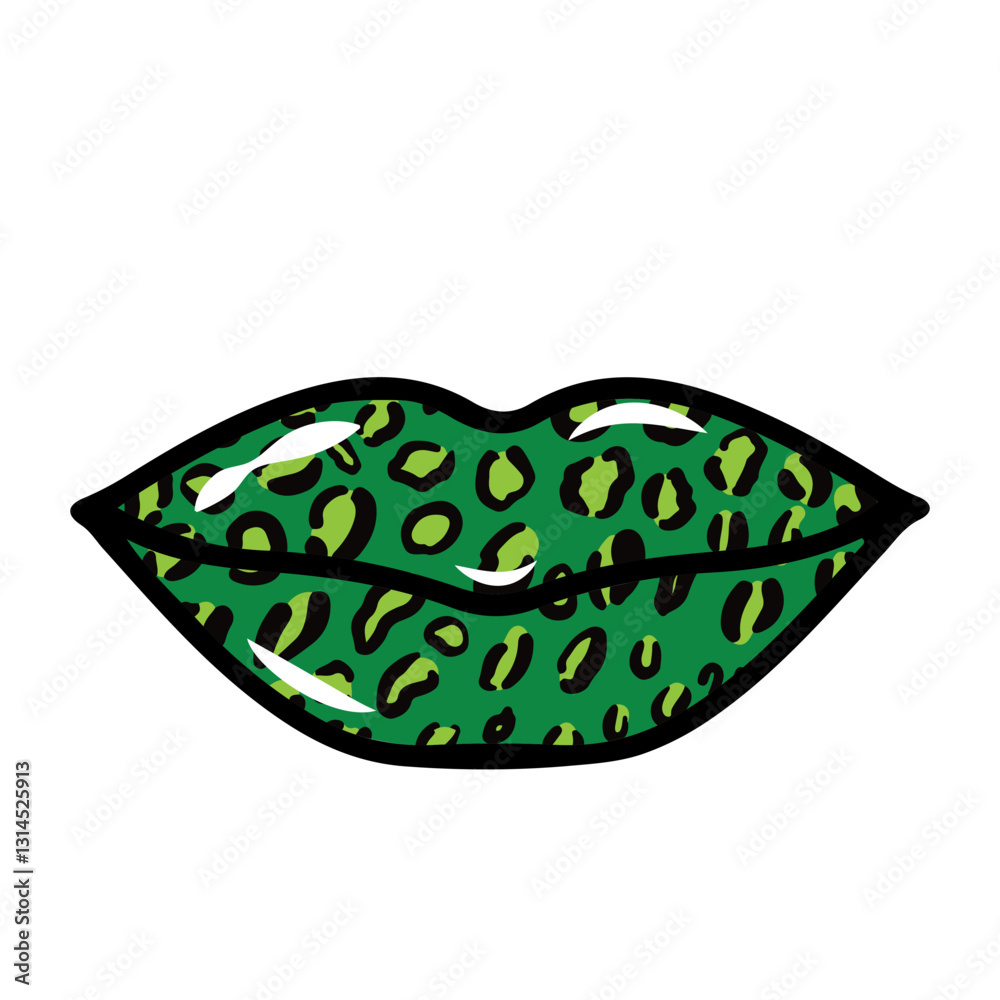 St Patrick’s Day leopard lips. Green lipstick kiss. Vector template for Saint Patricks Day banner, poster, greeting card, flyer, sticker, postcard.