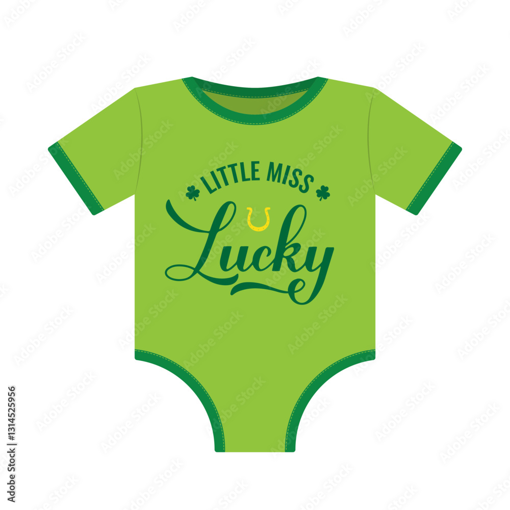 Little miss lucky calligraphy hand lettering on baby onesie. Funny St. Patricks day quote. Vector template illustration.