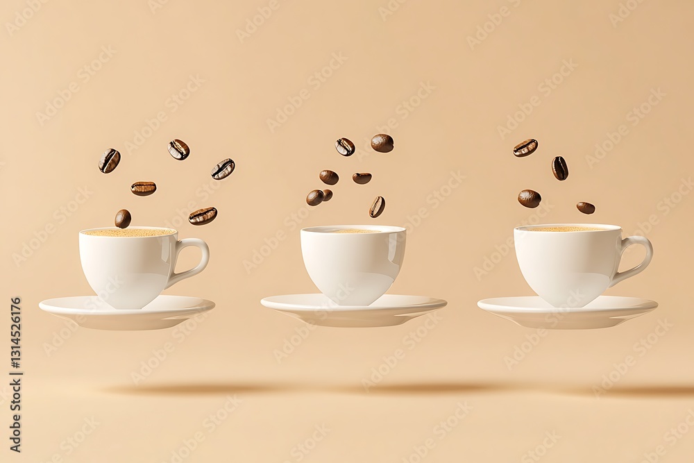 Obraz premium Floating Coffee Cups with Coffee Beans