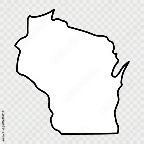 Wisconsin Map Black, State Border, United States, US America, Transparent Isolated, Variations. Wisconsin state isolated on a background, USA map