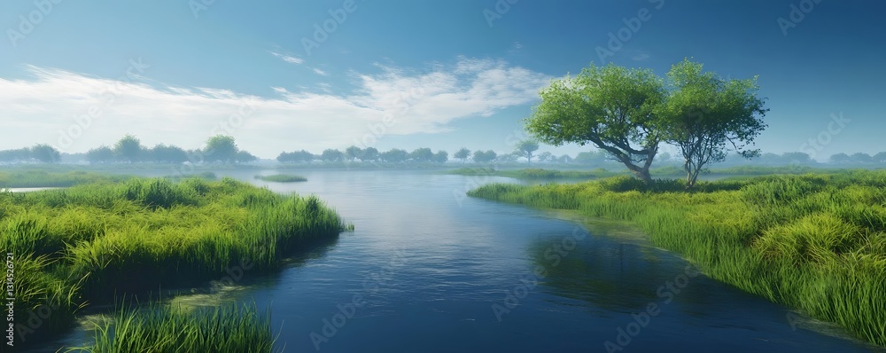 Obraz premium A serene river delta surrounded by wetlands