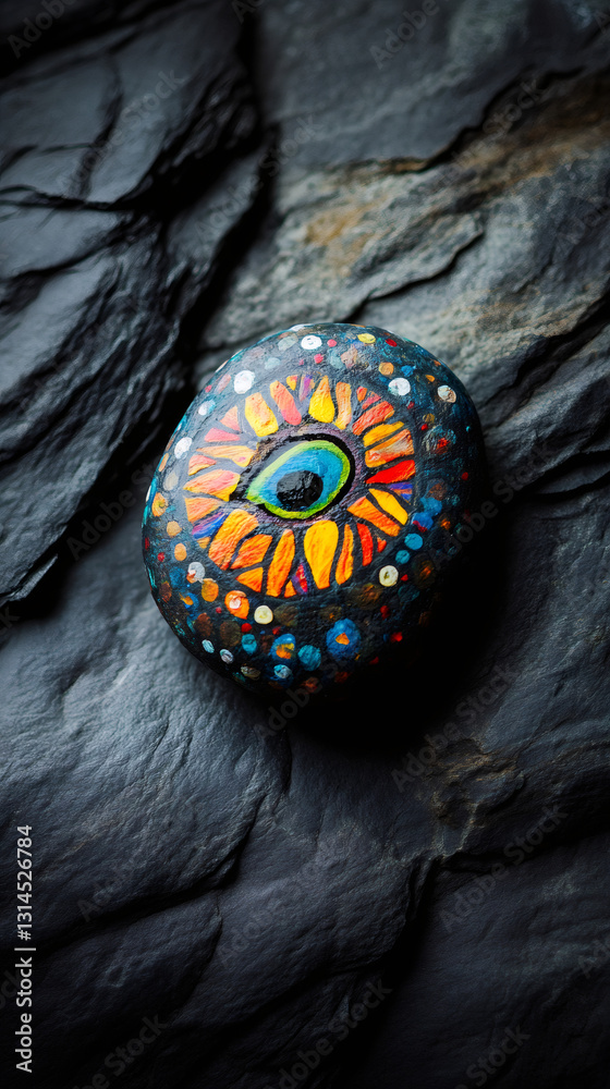 Obraz premium Vibrant eye and sunburst painted on black stone, symbolizing spiritual connection against slate-gray surface