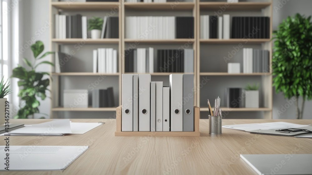 Organized Workspace: Modern Office Desk with Filing System and Bookshelves Organized Workspace: Modern Office Desk with Filing System and Bookshelves