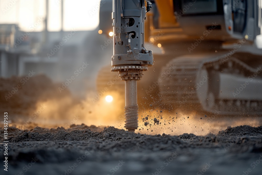 Industrial Drilling: An close-up shot captures an industrial drill bit penetrating the earth, showcasing power and precision on a construction site. Industrial Drilling: An close-up shot captures an industrial drill bit penetrating the earth, showcasing power and precision on a construction site.