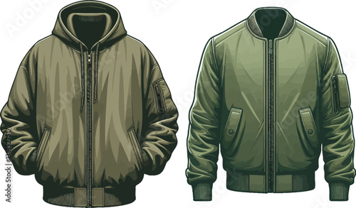 Olive Green Color Bomber jacket sketch fashion drawing illustration Vector Design.