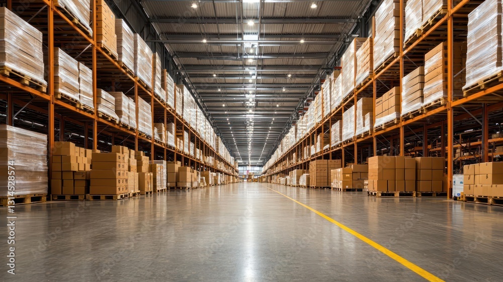 Perspective View of a Warehouse Interior with Rows of Shelves Stocked with Cardboard Boxes Under Bright Overhead Lighting Perspective View of a Warehouse Interior with Rows of Shelves Stocked with Cardboard Boxes Under Bright Overhead Lighting