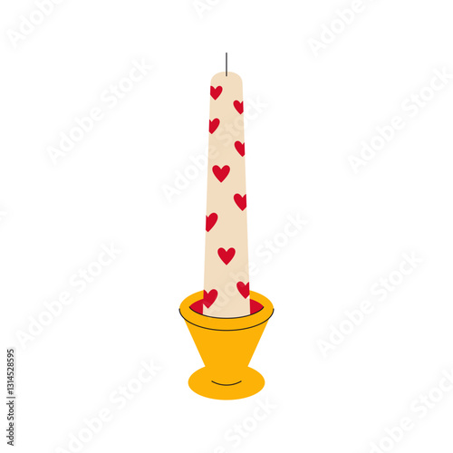 Wax scented candle with hearts. Cartoon soy aroma candle with fire wick. Aromatherapy cozy relax decoration, modern candlelight fragrance decor. Vector illustration