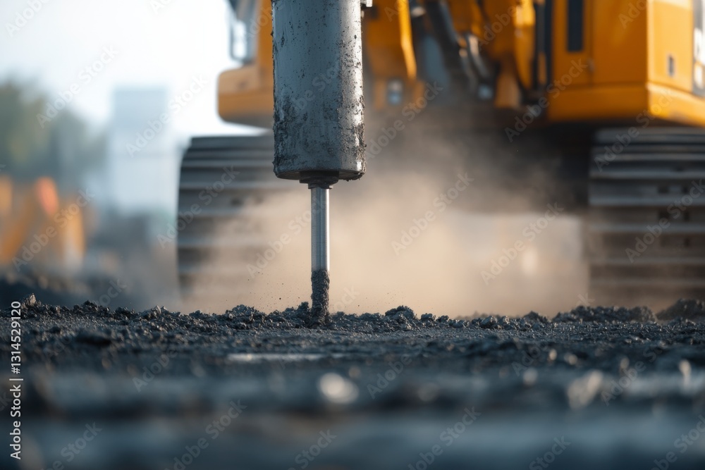 Drilling into Progress: A dynamic close-up view of a powerful construction machine hard at work, drilling into the earth with impressive force, captured with dramatic detail Drilling into Progress: A dynamic close-up view of a powerful construction machine hard at work, drilling into the earth with impressive force, captured with dramatic detail