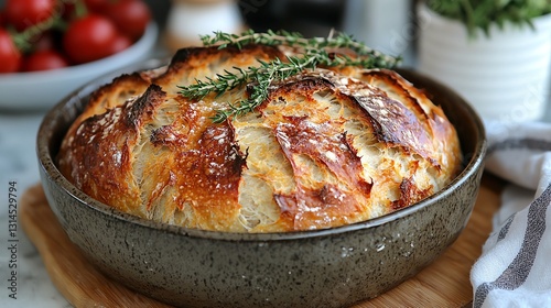 Freshly baked artisan bread with a crispy crust and fragrant herbs on top.