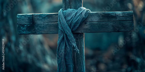 A weathered wooden cross wrapped with a blue scarf, set against a blurred natural background.