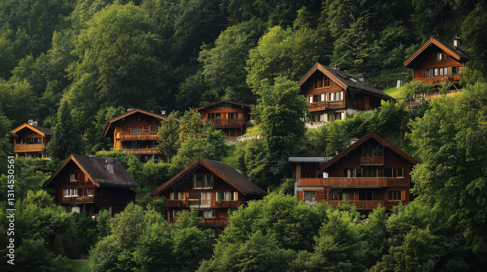 Traditional Swiss chalets dot the hillside in Brienz, located in the scenic Bernese Oberland Traditional Swiss chalets dot the hillside in Brienz, located in the scenic Bernese Oberland