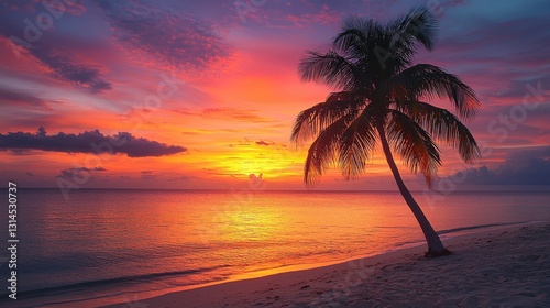 Solitary palm tree beneath a striking sunset sky