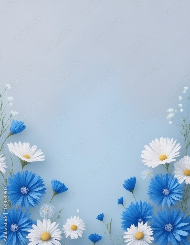 Fototapeta premium Delicate blue and white floral border framing soft pastel background, showcasing elegant botanical arrangement