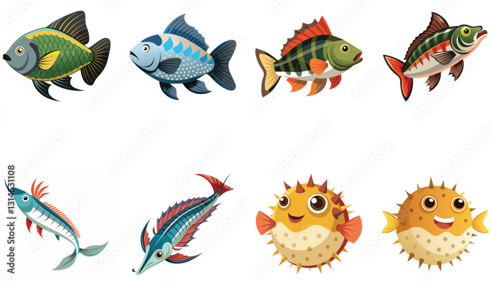 Obraz premium A collection of diverse cartoon fish illustrations