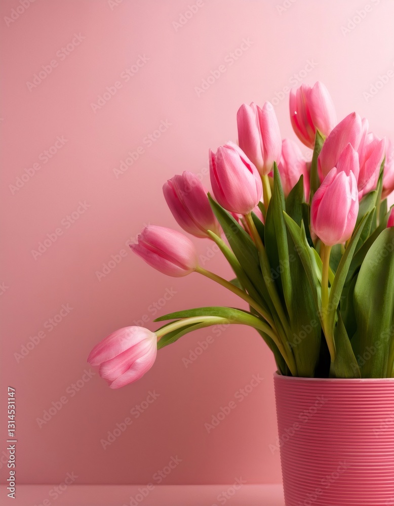 Fototapeta premium Bouquet of pink tulips in pink vase on pink background, celebrating spring and femininity
