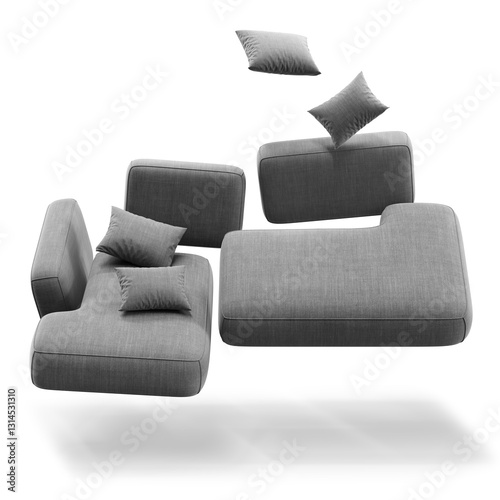 Modular furniture set on transparent background with shadow. Zero gravity.