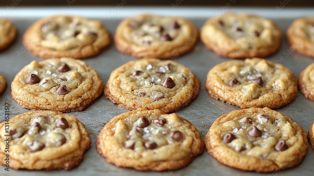 Freshly baked chocolate chip cookies arranged on a baking tray. Freshly baked chocolate chip cookies arranged on a baking tray.