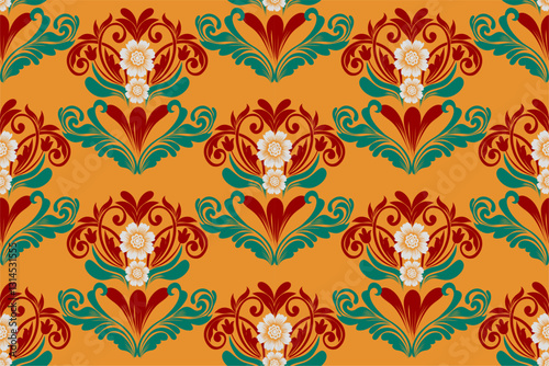 Vibrant orange and red damask pattern with folk-inspired floral details. Ideal for festive designs, textiles, and event graphics. Seamless high-quality vector illustration.