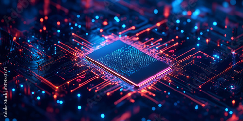  A close-up view of a computer chip with glowing neon lights, reflecting a futuristic, high-tech digital world.