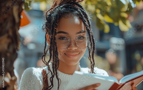 Woman reading book outdoors, relaxed