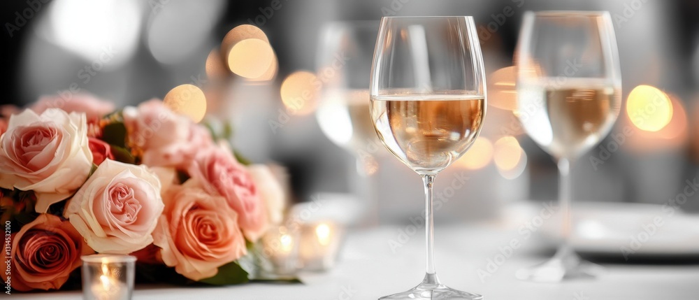 Elegant wine glass filled with white wine on a table adorned with roses and soft candle light creating a romantic ambiance Elegant wine glass filled with white wine on a table adorned with roses and soft candle light creating a romantic ambiance