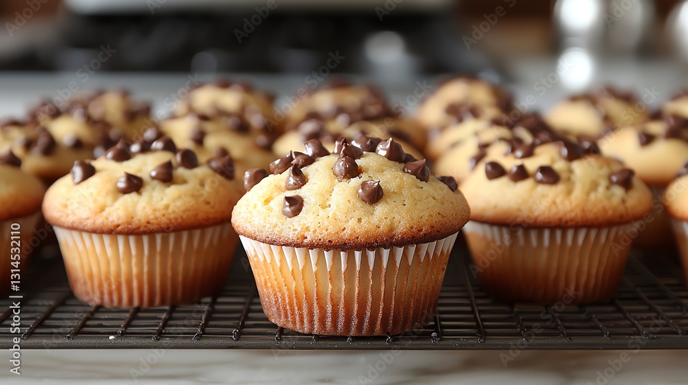 Freshly baked chocolate chip muffins cooling on a wire rack, delicious and tempting. Freshly baked chocolate chip muffins cooling on a wire rack, delicious and tempting.