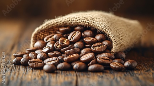 Earthy toned roasted coffee beans resting on natural wooden surface with burlap bag