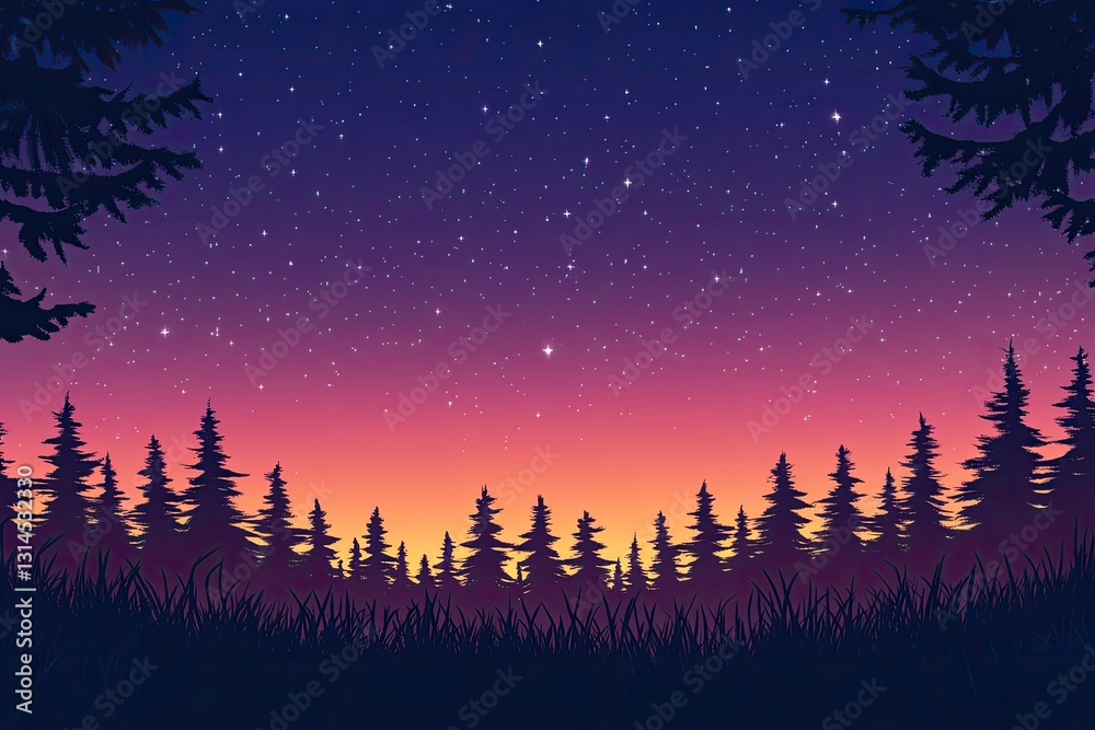 Fototapeta premium A silhouette of pine trees against a deep purple and orange twilight sky, with stars beginning to appear in the heavens above