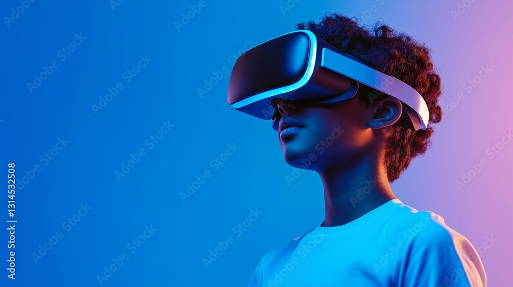 Young boy using virtual reality headset, futuristic technology Young boy using virtual reality headset, futuristic technology