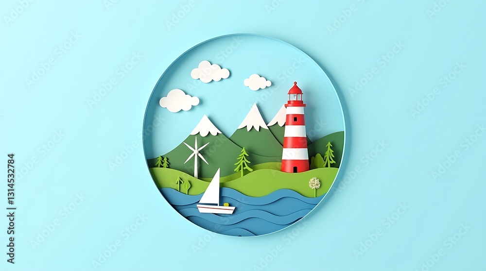 Obraz premium A peaceful coastal scene in paper-cut style, featuring a red and white lighthouse, sailboat, rolling green hills, a wind turbine, and snow-capped mountains.