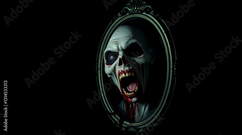 Horror in the Mirror: A horrifying ghostly figure with gaunt features and a blood-stained mouth appears within the frame of an antique mirror against a dark backdrop.