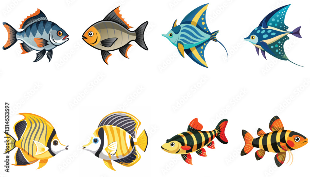 Fototapeta premium A vibrant collection of cartoon fish, featuring diverse shapes, colors, and fin patterns.
