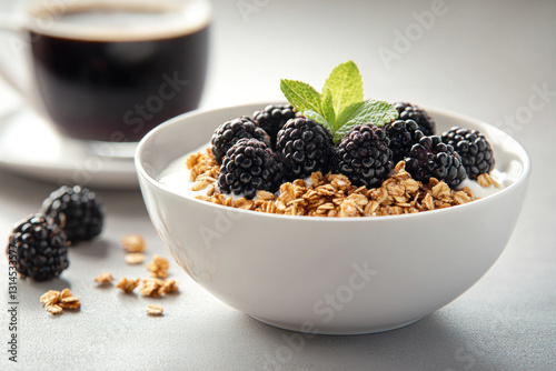 Bowl of granola with blackberries, beside a steaming cup of coffee on a wooden table. Morning light streams through a nearby window, creating a warm and inviting breakfast scene.