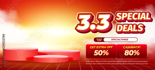3.3 Special March Shopping day Sale discount deals Bold mix Vibrant Red Yellow gradient Sale Banner with Podium Showcase product Elements Promotional Digital Horizontal Banner Poster Flyer Template