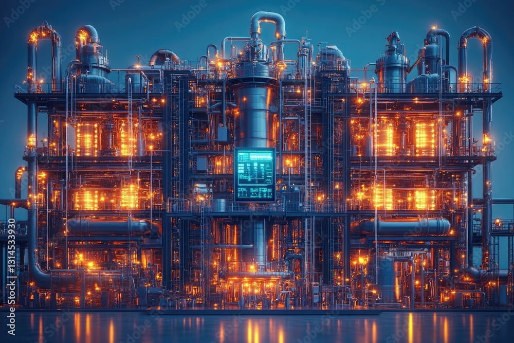 Obraz premium Futuristic Industrial Complex at Night, Illuminated Pipes and Tanks, Control Panel