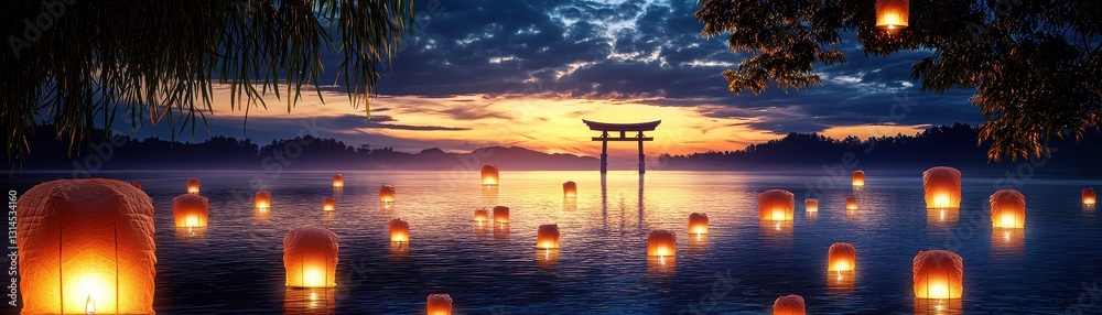 Serene twilight scene with floating lanterns and a traditional gate by the water's edge. Serene twilight scene with floating lanterns and a traditional gate by the water's edge.